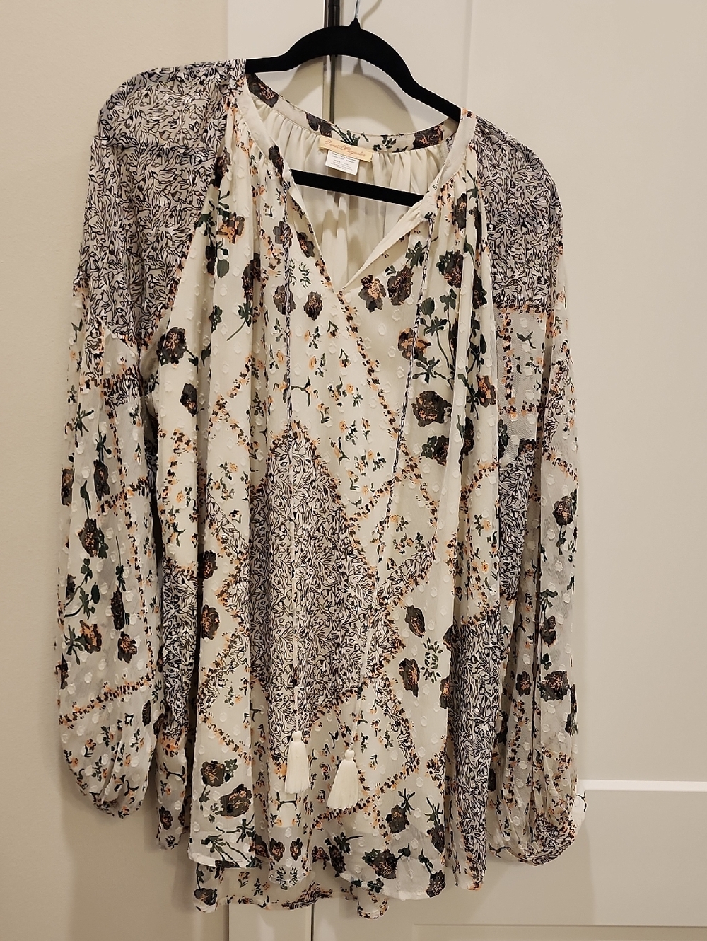 Boho Cream Patchwork Floral Peasant Tunic with Tassel Tie